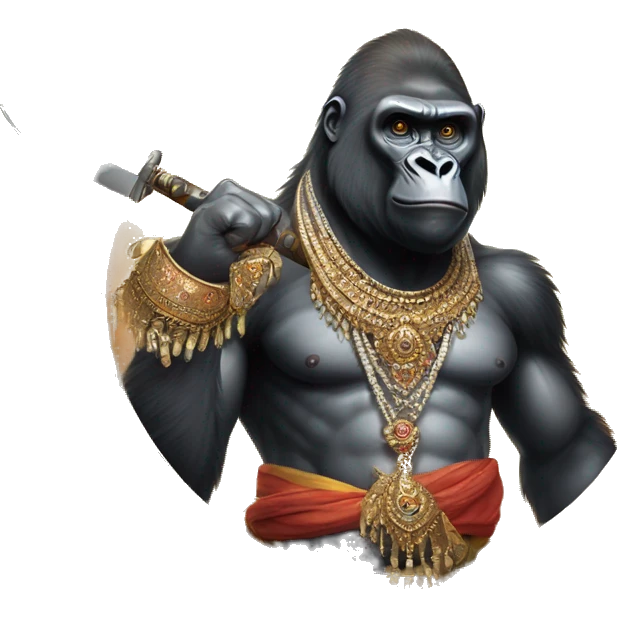 male gorilla with indian male jewellery and  indian traditional wear, holding a  huge weapon, humanoid,  emoji