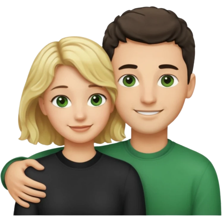 couple hugging.  girl is blonde with wavy hair. man is tall with dark hair in a crew cut. both have green eyes. both are white people. emoji
