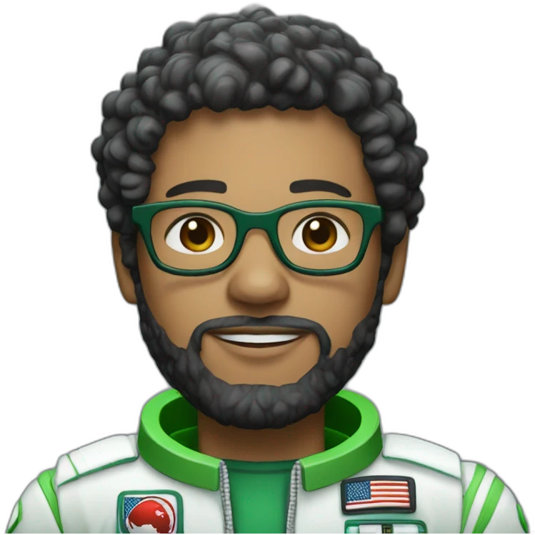 Light skin Man with black short curly hear and beard and black glasses wearing a green and white astronaut suit emoji