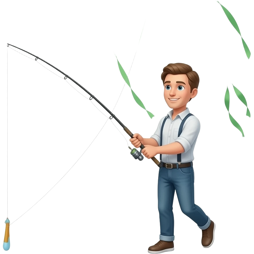 a guy flying a green kite with a fishing rod emoji