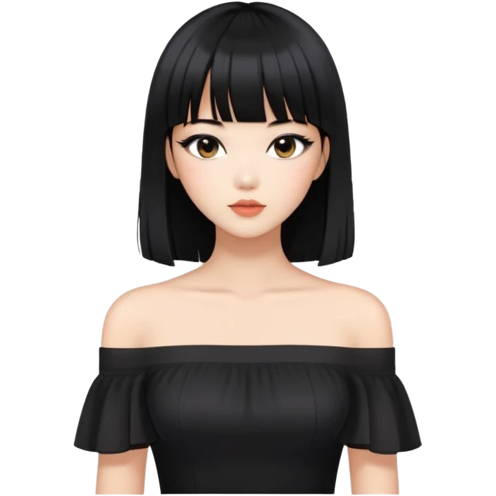 stylish woman with Asian skin, black off-shoulder top, long straight black hair with bangs, and soft makeup emoji