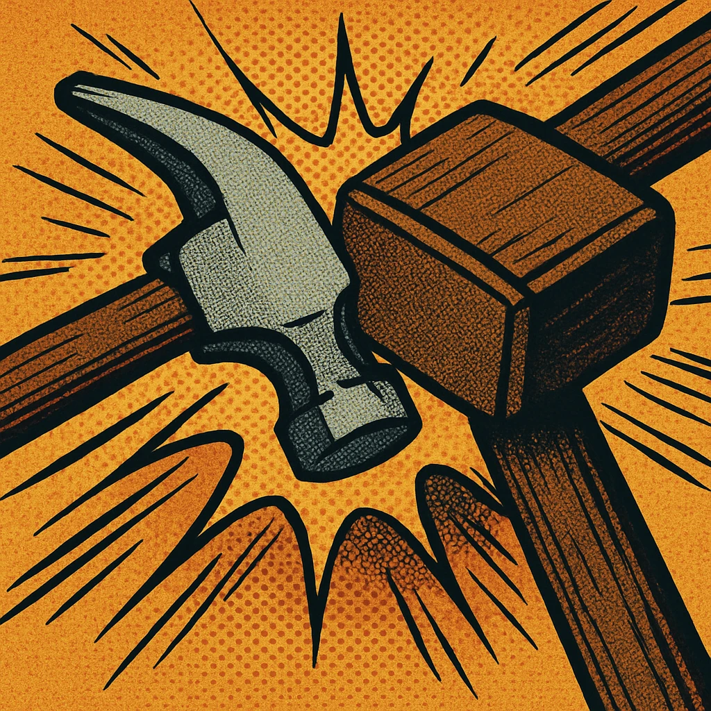 a hammer and mallet colliding head-on from above, dynamic motion, comic book style emoji