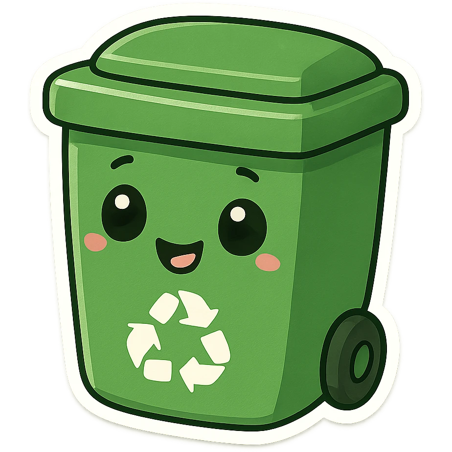 green recycle bin, chibi cartoon style, cute proportions, big eyes emoji