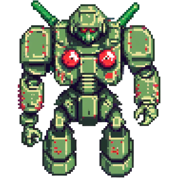 Zaku robot, pixel art style, green color, red mono-eye, blocky proportions, no text emoji