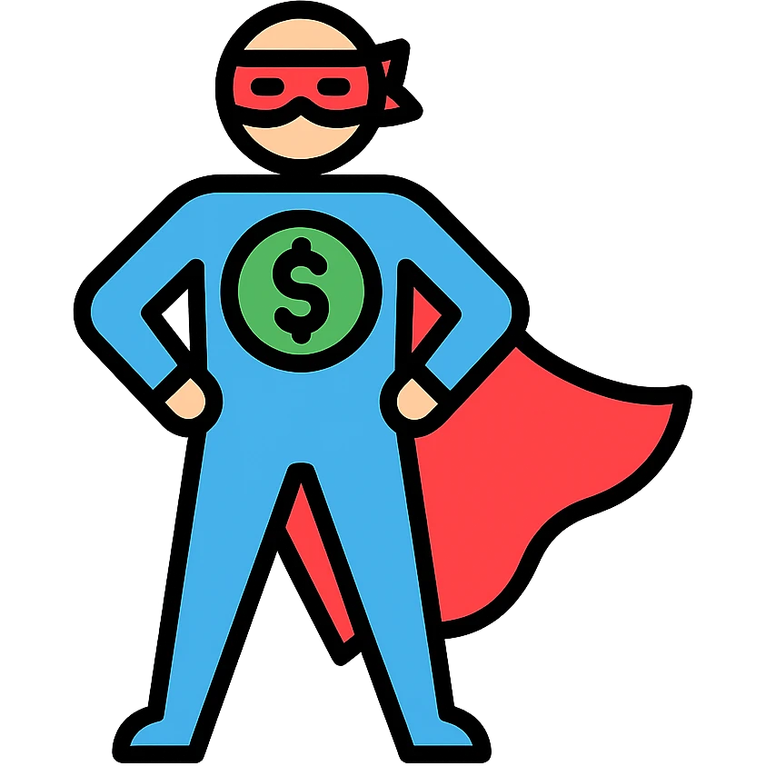 masked superhero with cape, striking heroic pose, green money symbol on chest, flat vector style emoji