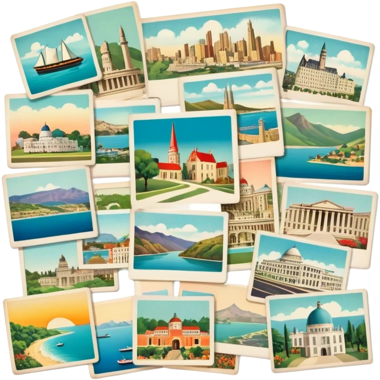 Icon for Postcard Collecting: a collection of colorful vintage postcards, featuring scenic views, landmarks, and greetings, arranged neatly in an album or on a display board. The icon should convey the charm and nostalgia of postcard collecting. Transparent background. emoji