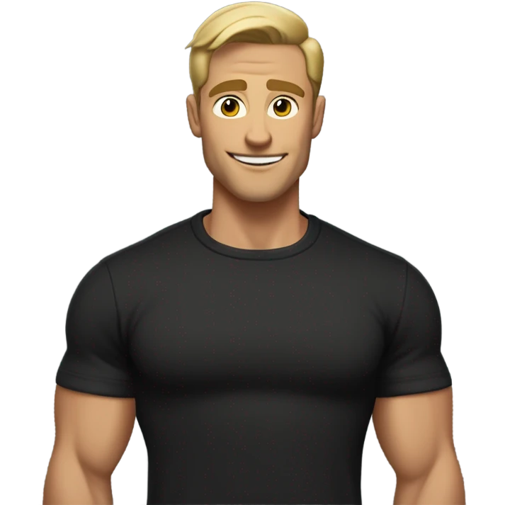 Muscular tall man with dirty blonde short straight hair brushed back, wearing a black sweater in a casual style, loves old-money aesthetic emoji