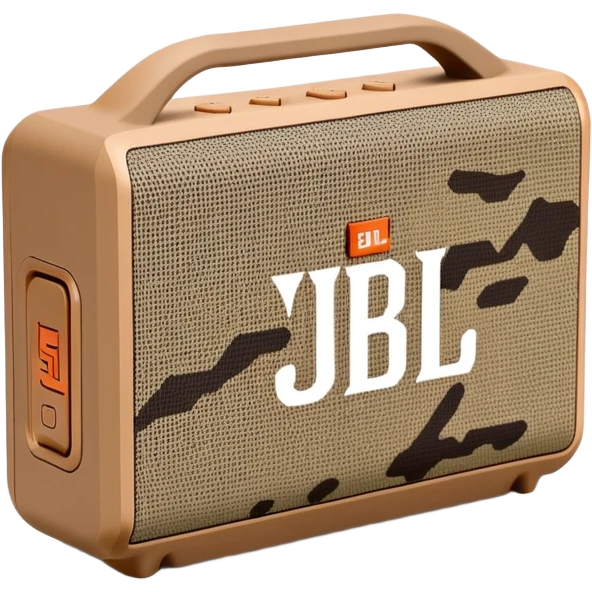 Desert camouflage JBL Go 4 speaker, tan and brown pattern, minimal design, simple form factor, portable audio device emoji