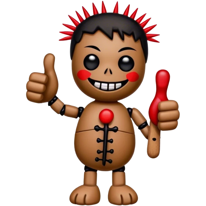 black and red voodoo doll with a thumbs up, with pins in it emoji