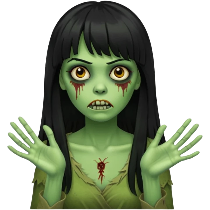 mulher zombie verde com cabelos pretos longos e franja com as mãos para frente igual um zombie emoji