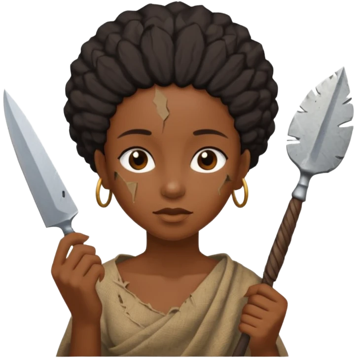 ancient black girl, tattered leaf cloth, hold broken stone knife emoji