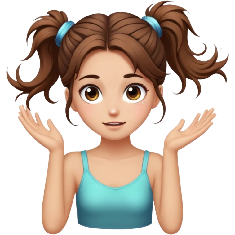 girl with long brown hair with messy bun, chaotic sparkle eyes cartwheel emoji