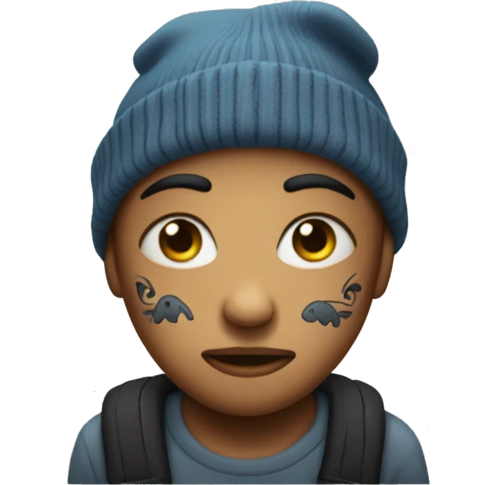 An emoji sad face with face tattoos and a beanie emoji