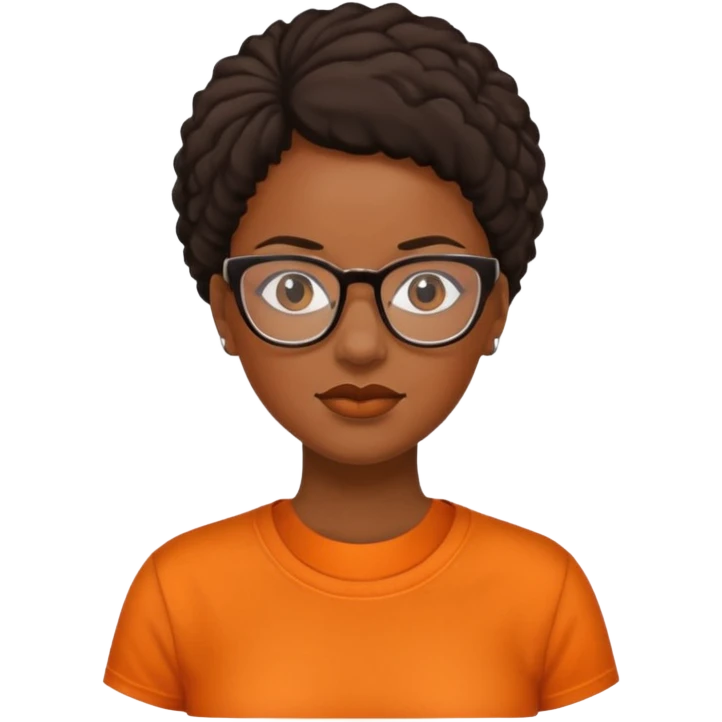 black woman with glasses, no smile and an orange shirt emoji