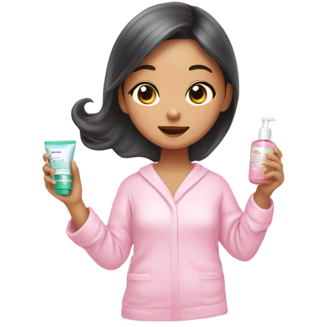 angelic asian girl doing skin care in pink pajamas emoji