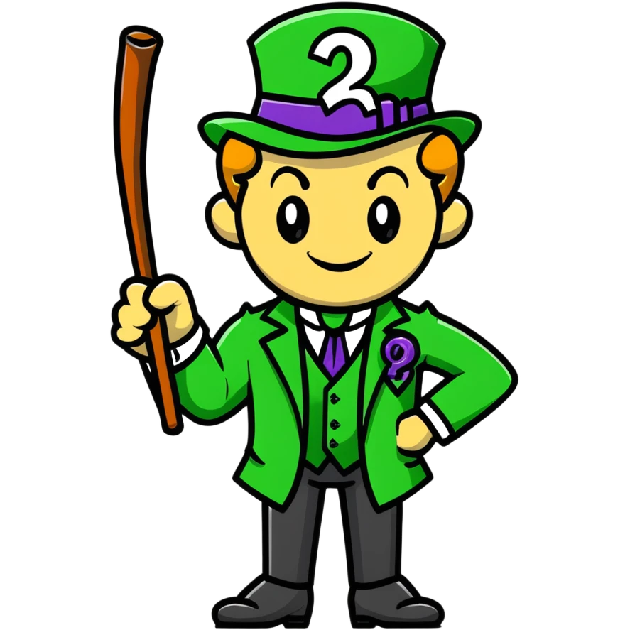The Riddler villain with green suit, question mark cane, mischievous grin emoji