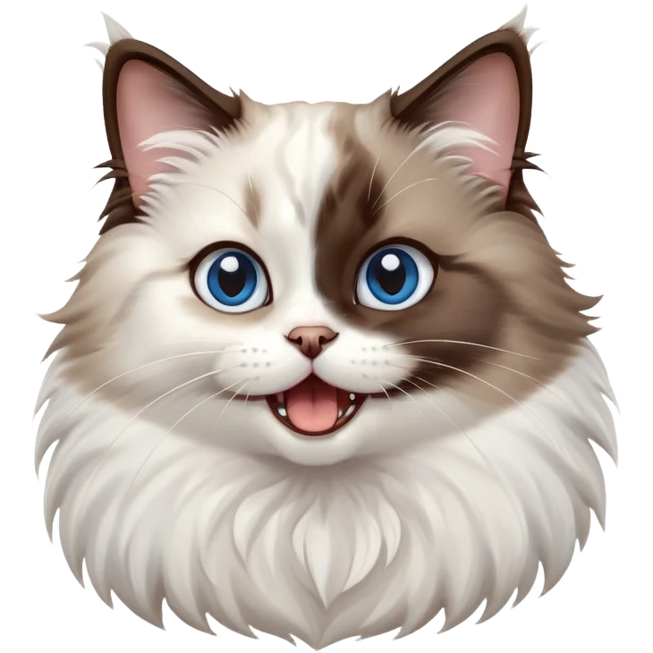 cinematic-adorable-big-eyed-fluffy-dark brown and white ragdoll-cat-portrait-emoji,-head-tilted-playfully-with-a-cute,-yawn,-soft-brown-and white-colored-fur-with-darker-points-on-the-ears,-simplified-yet-irresistibly-cute-features, sparkling blue eyes emoji