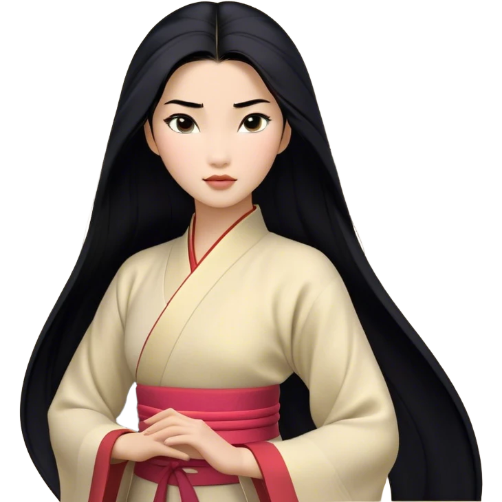 Cinematic Realistic Mulan Portrait, depicted with lifelike skin texture, soft natural lighting, and intricately detailed long black hair styled elegantly. Her deep, expressive eyes exude determination and grace, complemented by a serene yet confident expression. She is dressed in her classic attire, with rich fabric textures and delicate folds that catch the light beautifully. The portrait features a soft, enchanting glow with a natural, radiant finish, capturing the essence of timeless strength and beauty in a realistic and painterly style, evoking a sense of depth and authenticity. emoji