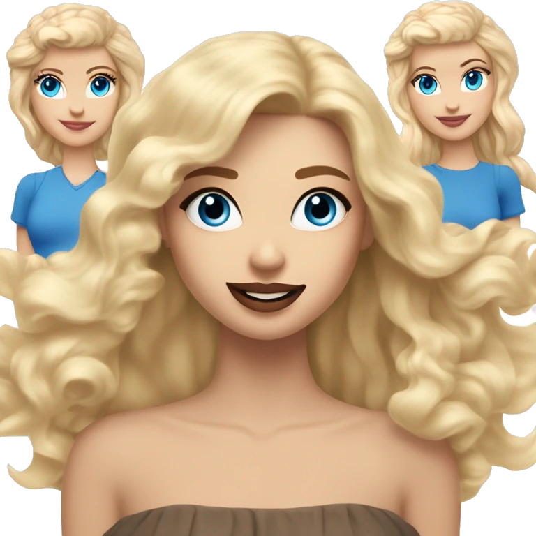 three cheerful friends: the first Blondie with dark roots, light skin and blue eyes, the second with wheat hair and beautiful makeup and blue eyes, the third Blondie with dark roots and wavy hair and with blue eyes and plump lips emoji