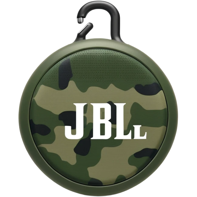 Super simplified JBL Clip 4, basic round speaker with hook, minimal green camouflage pattern, clear JBL logo, iOS emoji style emoji