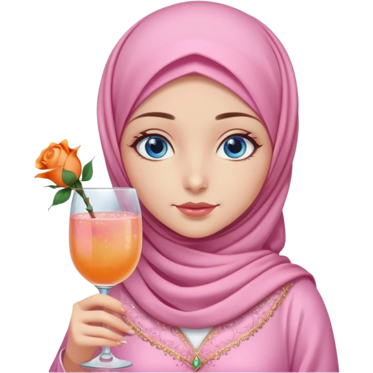 Turkish beautiful finish Konya girl blue eyes with pink hijab islamic dress and had on her hand Glittery rose gold mocktail with orange light pink roses emoji