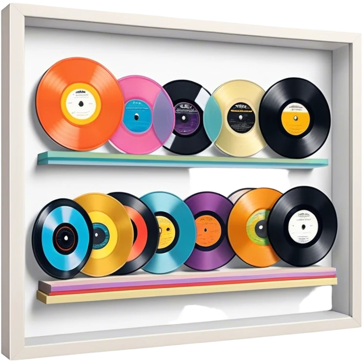 Icon for Vinyl Record Collecting: colorful vinyl records in decorative packaging featuring artist images, neatly arranged on a wall or shelf. The icon should reflect the aesthetic and artistic aspect of collecting vinyl records. Transparent background. emoji