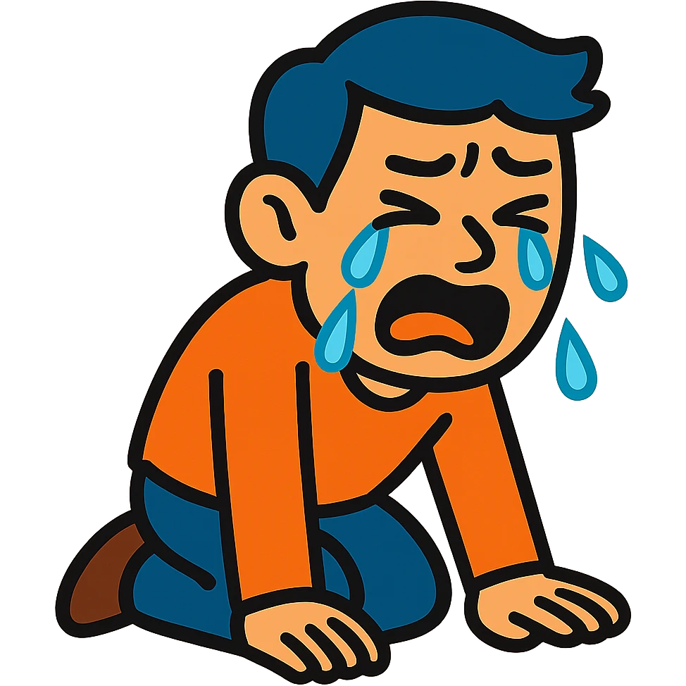 vibrant toon style sad Asian man kneeling, crying emoji