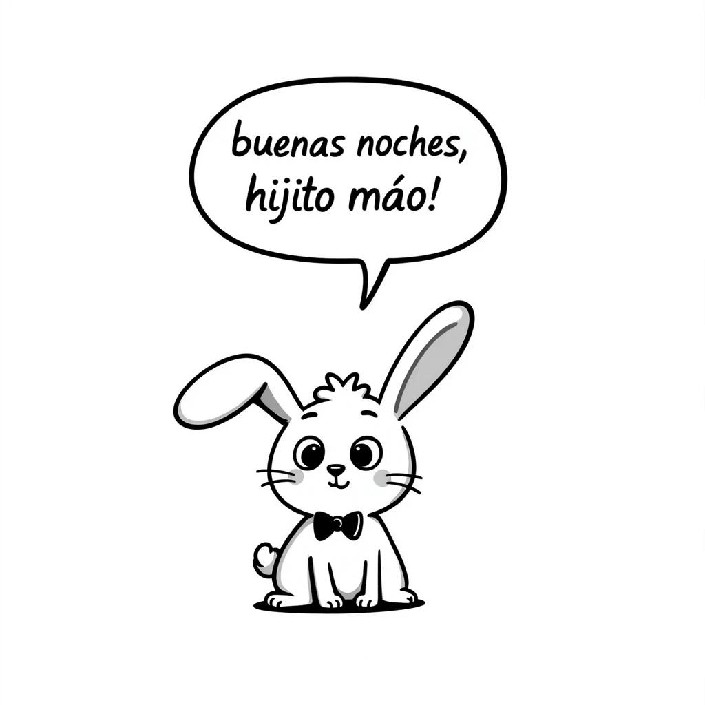 A cute rabbit saying "buenas noches, hijito mío!" in a speech bubble. The rabbit looks loving and gentle, like a parent saying goodnight to a child. emoji