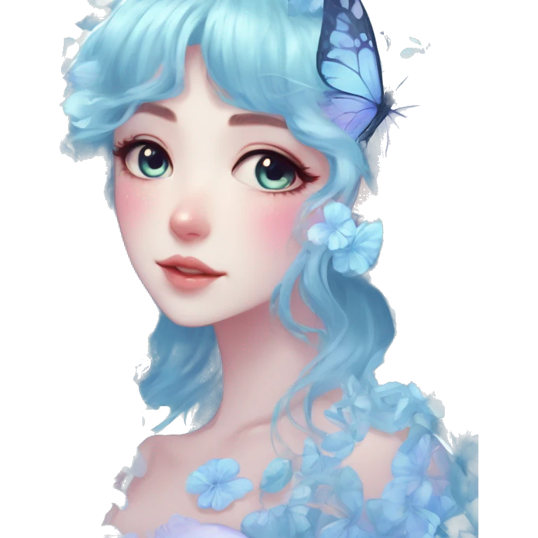 Gorgeous Shiny Pastel Blue Anime-Style Lady Butterflies flower petals leaves cottagecore fairycore pastelcore kawaii aesthetic trending style emoji
