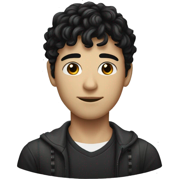 Realistic young man with white skin. he has very black and wavy hair and bangs, he has black eyes, he is tall, he has a long neck and head emoji