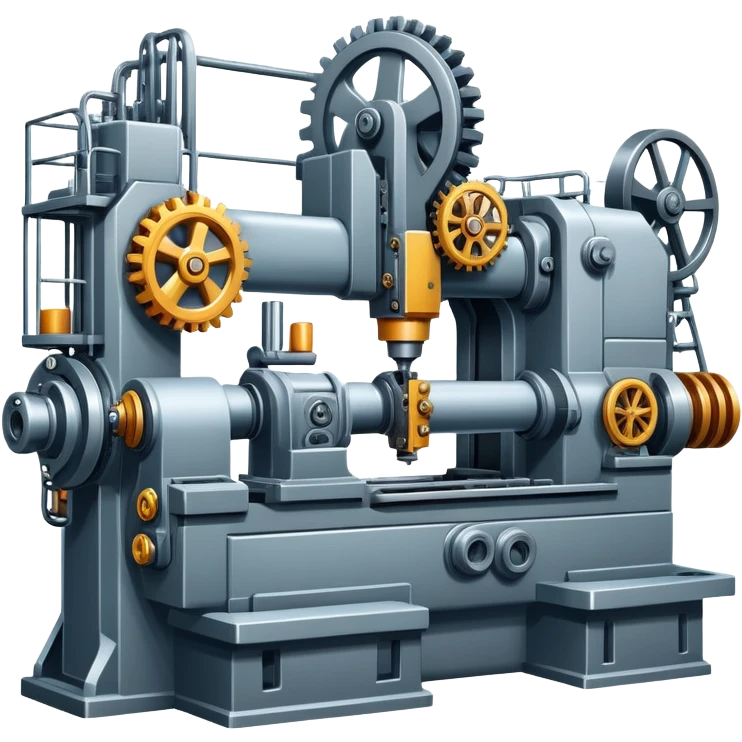 An icon featuring a giant machine tool in a factory, manufacturing machines. The design includes gears, mechanical parts, and a production line, representing the art of mechanical engineering and industrial design. Transparent background highlights precision engineering and manufacturing processes. emoji