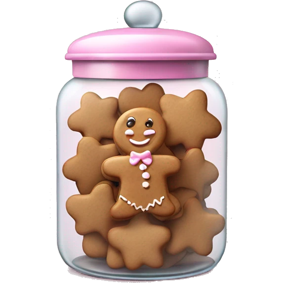 Realistic glass cookie jar with light pink lid full of gingerbread cookies isolated.  emoji
