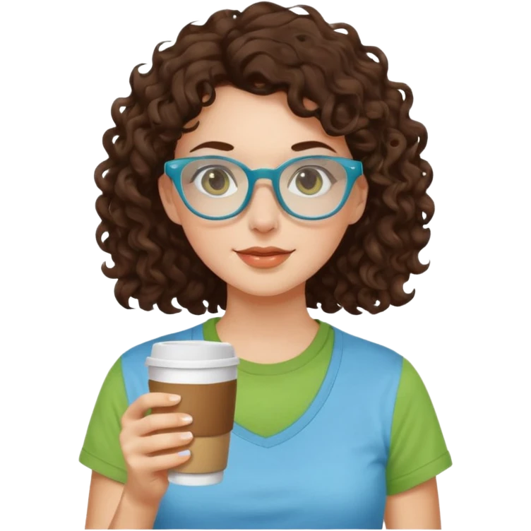 White girl with dark brown curly hair, brown eyes, sky blue glasses, apple green t shirt, drinking coffee emoji