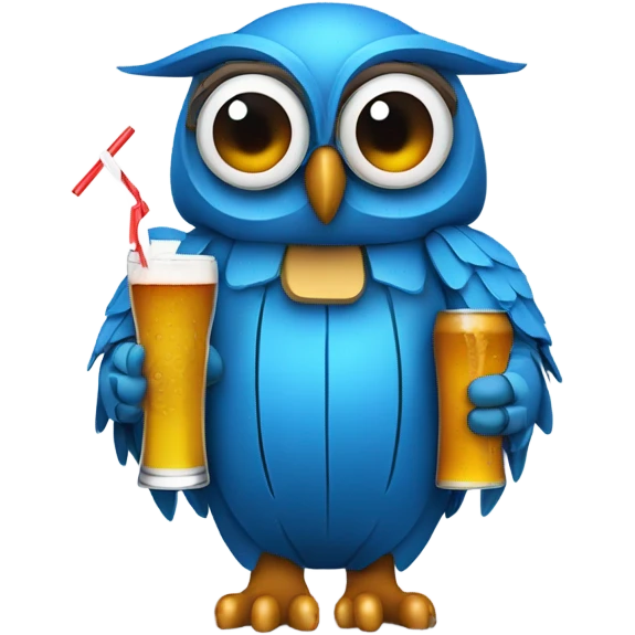 Blue owl wearing a helmet that has drinking straws on the sides to hold beer emoji