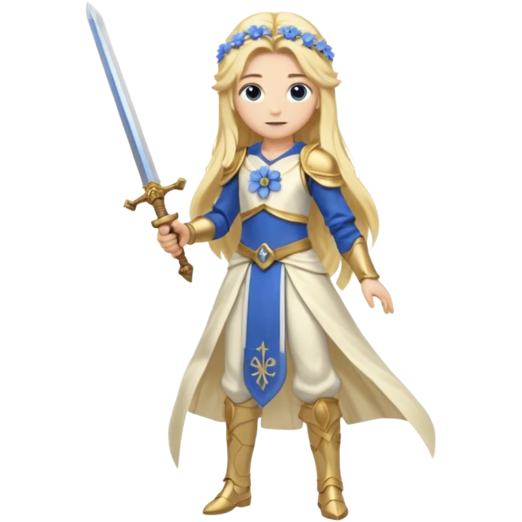 Lumine (from Genshin Impact) White and golden clothes, blonde, long-haired, with a pastel-indigo flower in hair and with a sword (full body) emoji