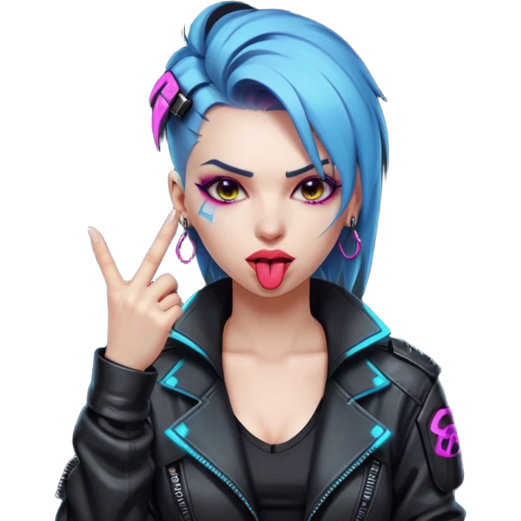 Woman with her tongue out in cyberpunk clothing and giving the middle finger. Looking naughty. emoji
