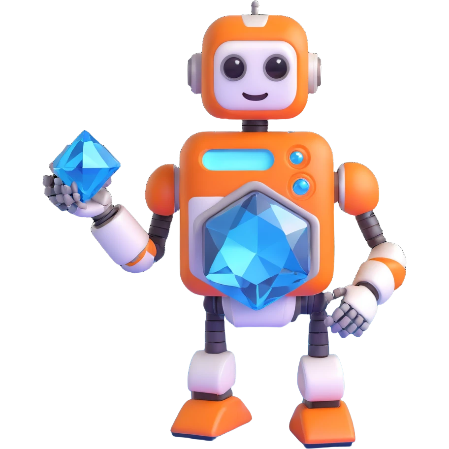 smiling robot holding a large blue diamond emoji