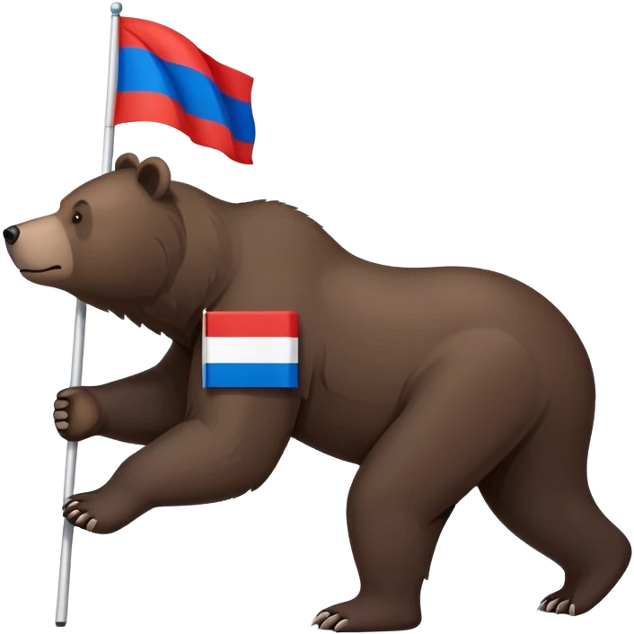Medium-dark brown bear on all four legs with Russian flag (white, blue, red horizontal stripes) on its back, minimalist style, side view emoji