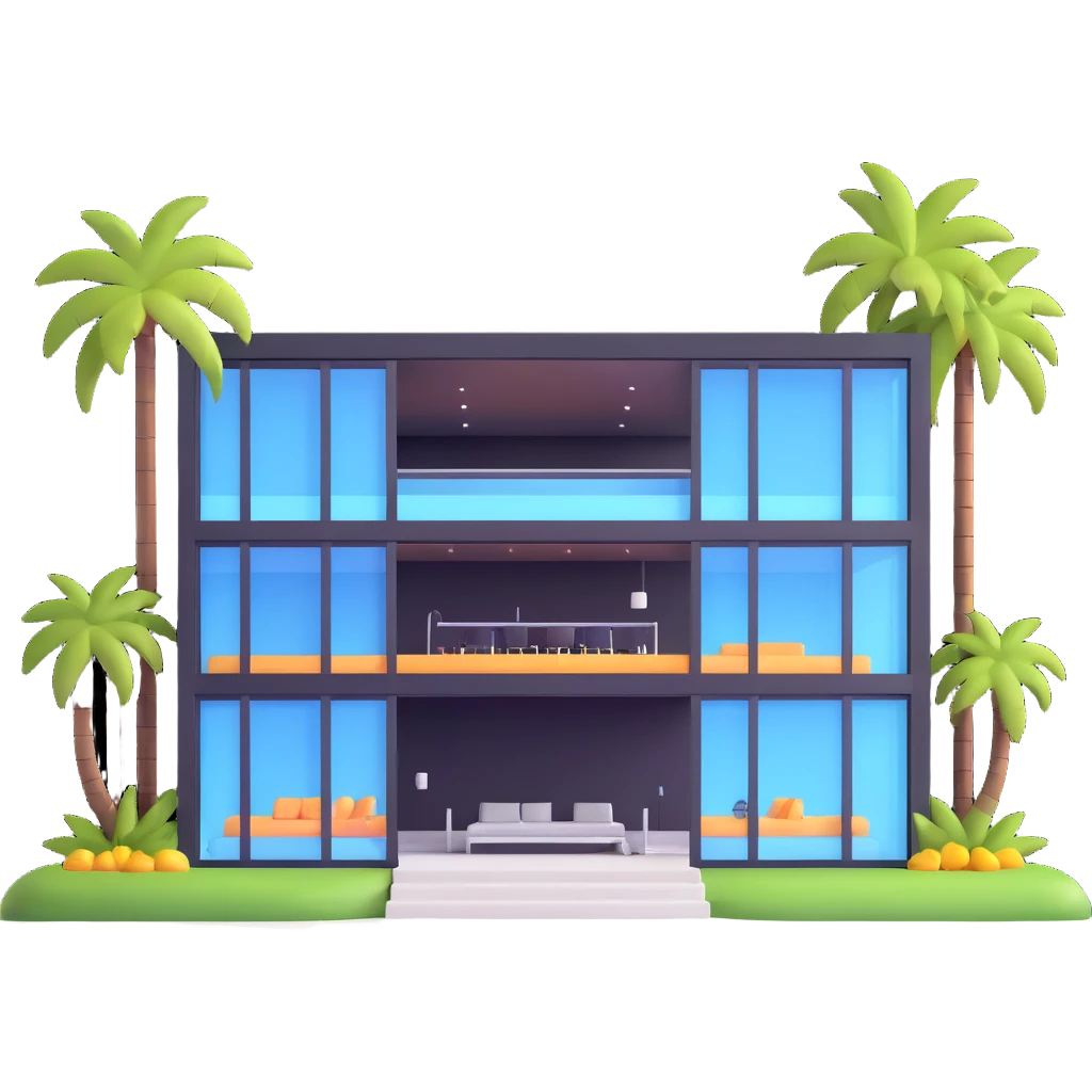 modern luxury mansion with an indoor pool visible through glass walls, palm trees emoji