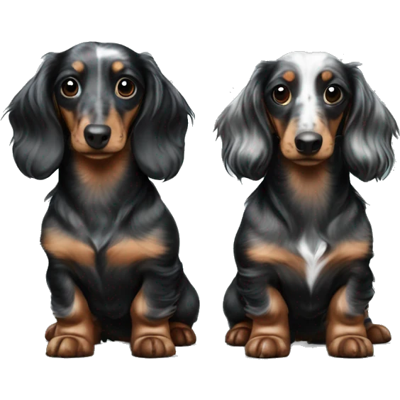 Two identical tri black merle long hair dachshunds together  emoji