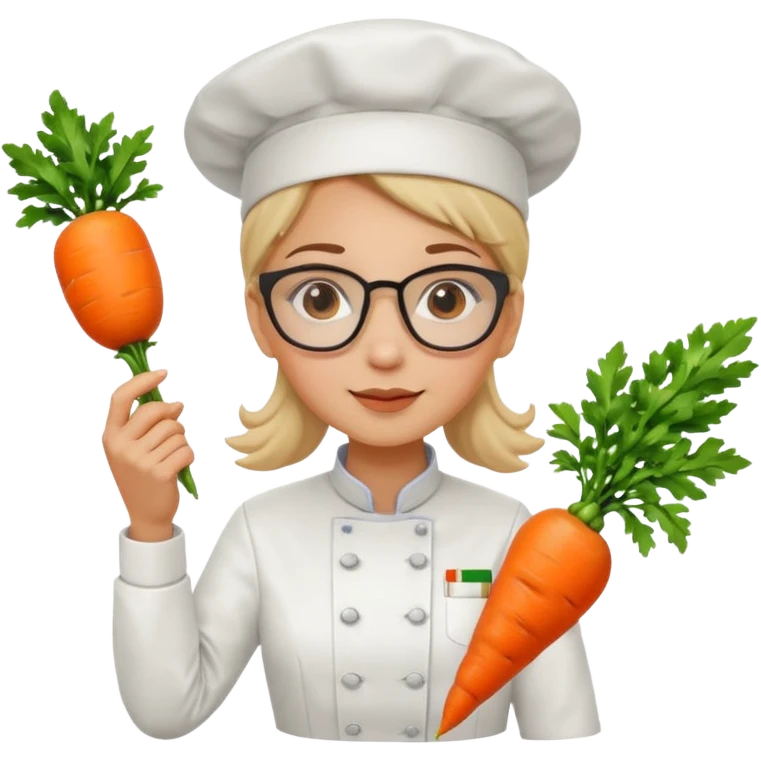female italian chef, uniform, wearing glasses, holding carrot emoji
