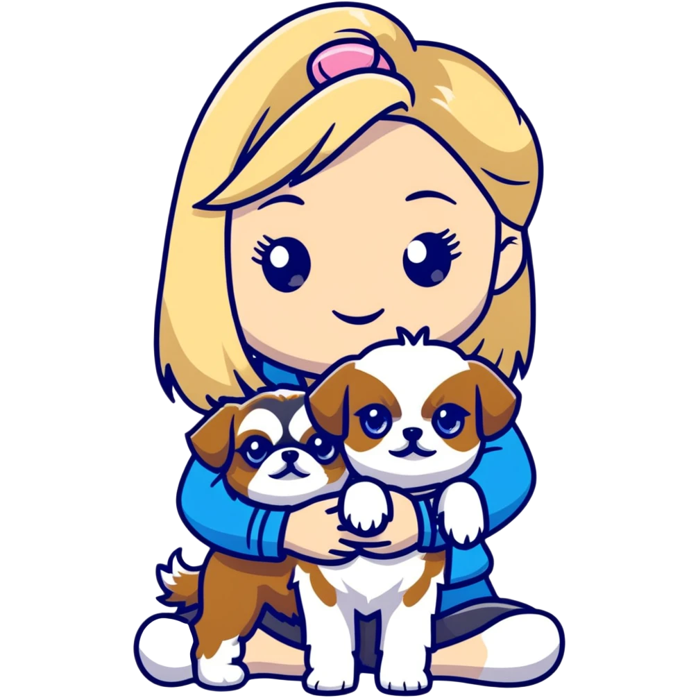 White blond girl with long hair and blue eyes holding a small female shih tzu dog emoji