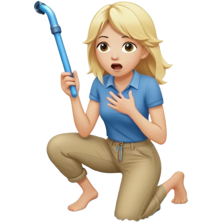 cartoonish blond woman kneeling with surprised expression, a wide cartoonish stick with a D-shaped knob coming out of a pair of pants hanging in front of her face, water stream squirting from the flat side of the knob into her open mouth emoji