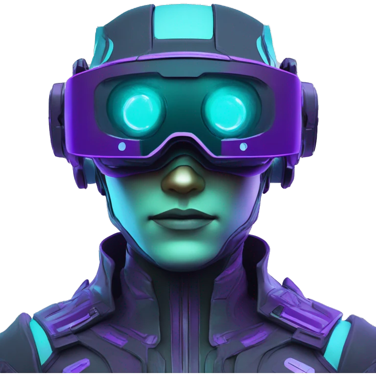 Secret humanoid agent in a futuristic hat with in Apple VR goggles headset code display on the goggles , cyberpunk, cyan and purple colors, only upper body portrait, front facing the camera  emoji