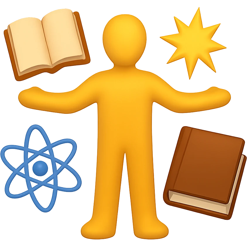 emoji symbolizing humanism with a human figure in the center surrounded by books and symbols of knowledge emoji