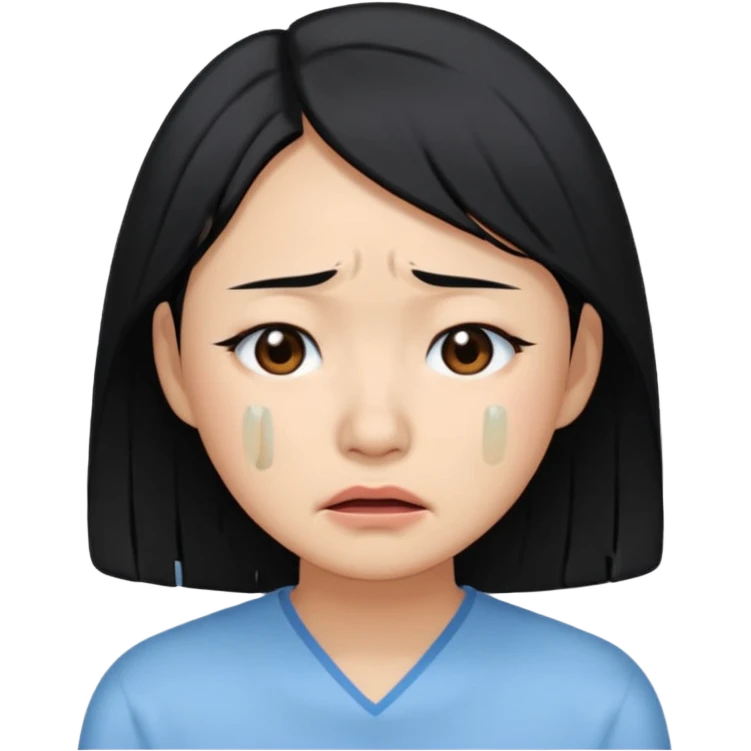 A crying East Asian woman with black hair, wearing light blue clothing. Her skin appears dry. emoji