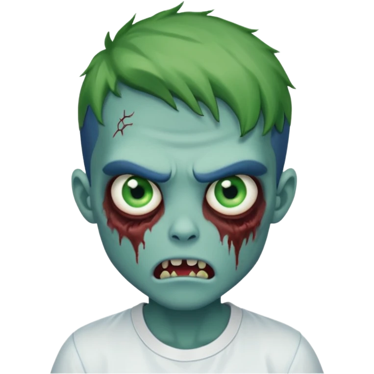 zombie boy with outgrown hair and wearing a white shirt with green prominent eyes and an evil mouth either open, blue skin emoji