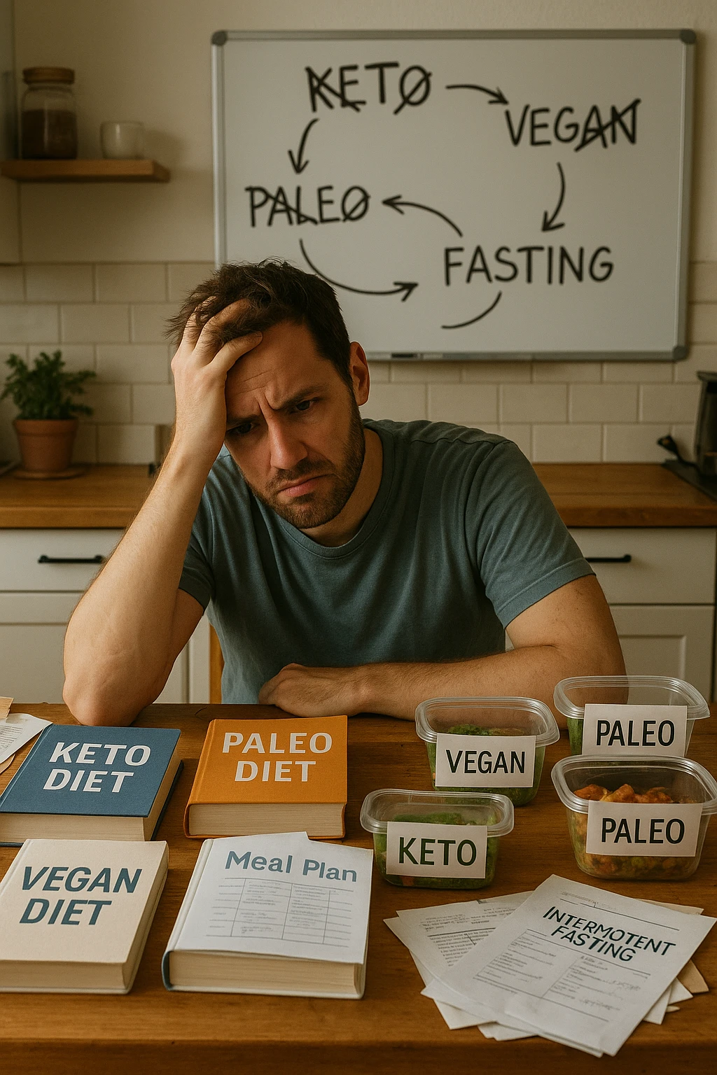 Confused man in his 30s sitting at a kitchen table cluttered with various diet books, meal plans, and food containers labeled keto, vegan, paleo, intermittent fasting. He holds his head with one hand, looking overwhelmed and frustrated. The background shows a whiteboard full of crossed-out diet names and arrows going in circles. Expression: mental fatigue, indecision, information overload. Soft lighting, slight mess to emphasize his struggle. emoji