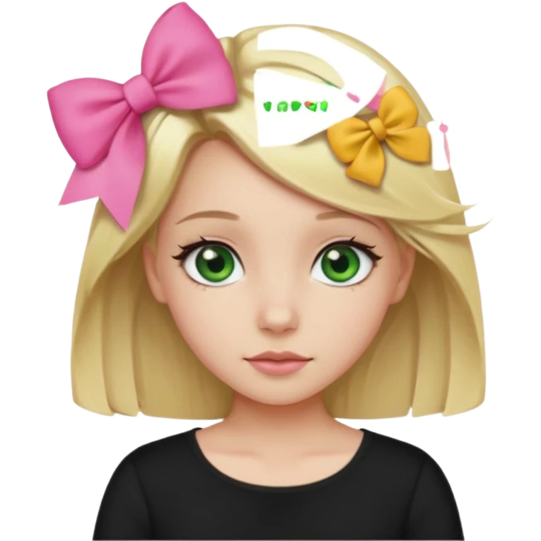 blonde girl middle part, pink bow in hair, plain black top, green eyes. emoji
