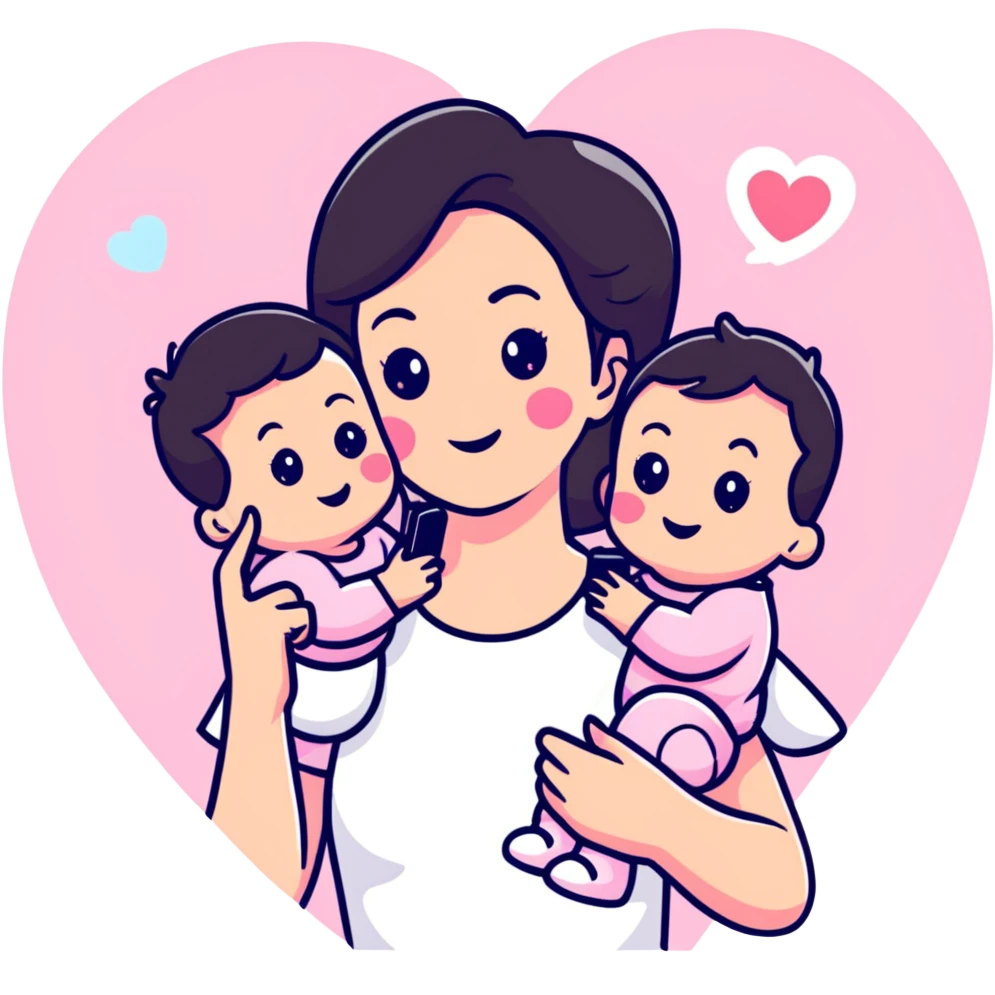 mom taking selfie with baby surrounded by pastel pink hearts emoji